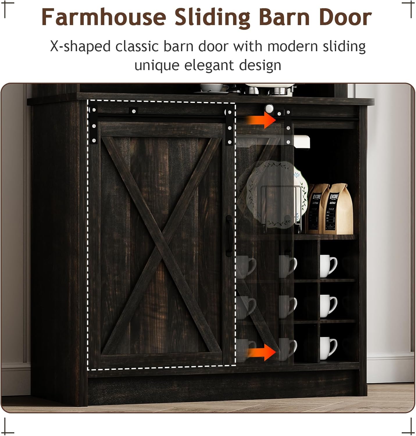 4ever2buy Farmhouse Coffee Bar Cabinet with Sliding Barn Door, 72" Hutch Coffee Bar with Storage, Large Kitchen Buffet Cabinet with Hutch, Tall Bar Cabinet Table for Living Dining Room, Oak