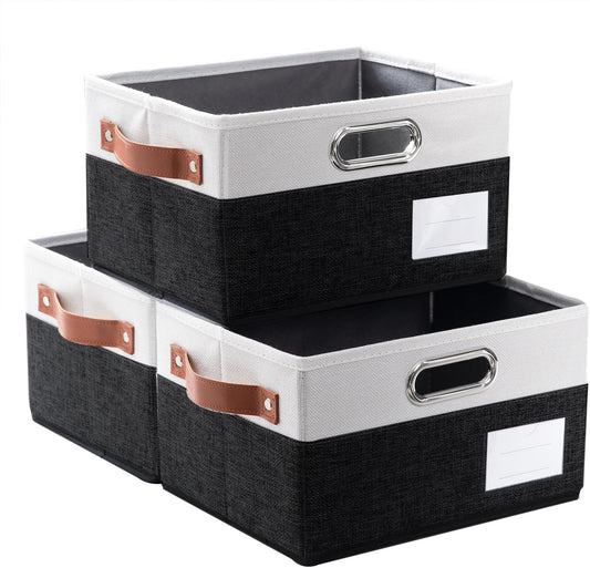 PRANDOM Foldable Storage Bins with Handles [3-Pack] Fabric Collapsible Storage Boxes Baskets Cubes Containers with Handles for Closet Living Room Bedroom (Black & White 11.5x8.5x6.7'')