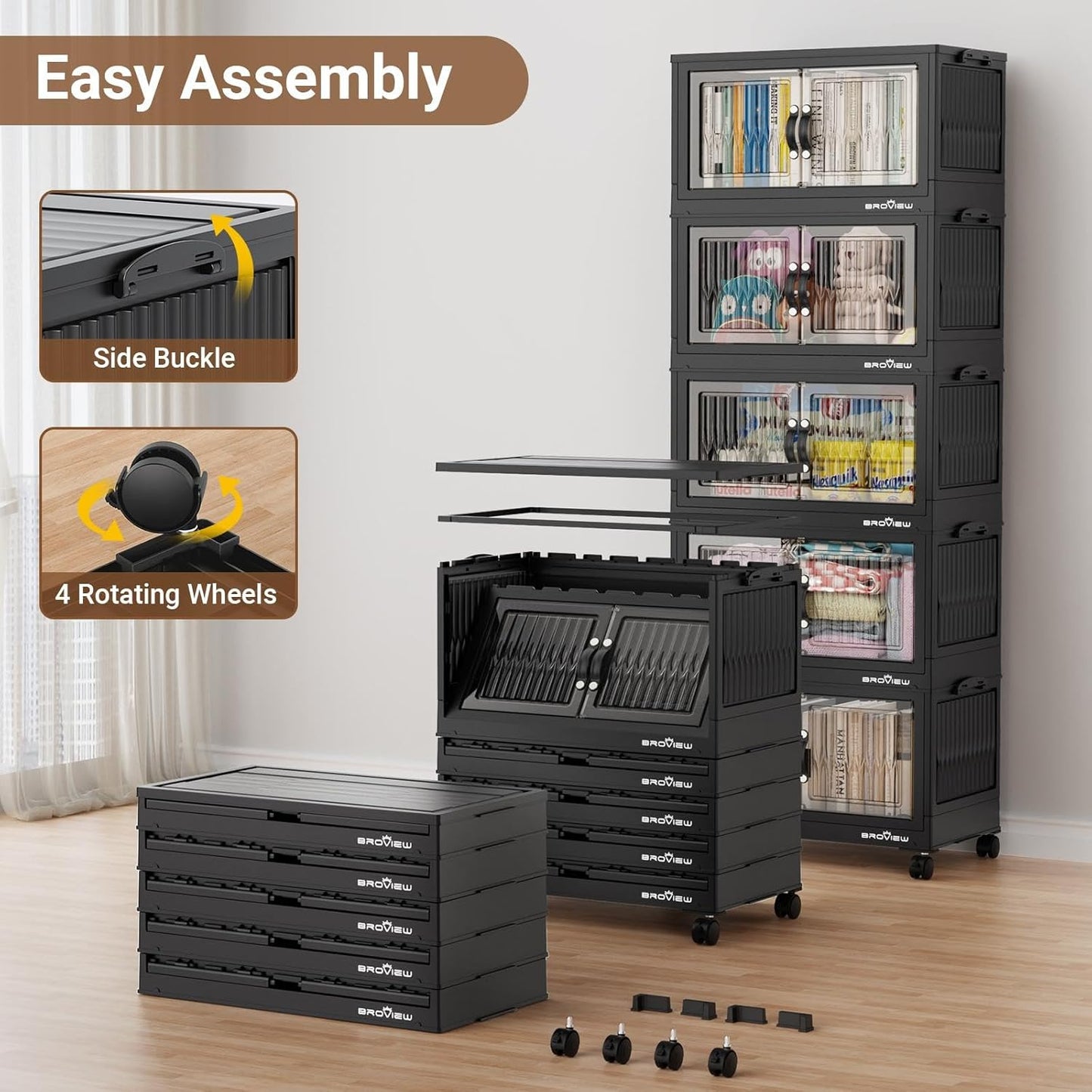 240Qt Stackable Storage Bins with Lid, Extra Large Closet Organizer Collapsible Drawer Boxes with Wheels, Folding Plastic Cabinet Containers for Home Kitchen Room Organization, 4Pack Black