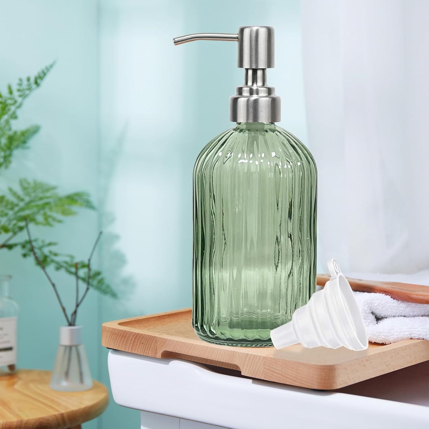14Oz Green Soap Dispenser Bathroom, Clear Glass Hand Soap Dispensers with Stainless Steel Pump, Refillable Dish Soap Dispenser with Funnel for Kitchen, Countertop Soap Dispensers