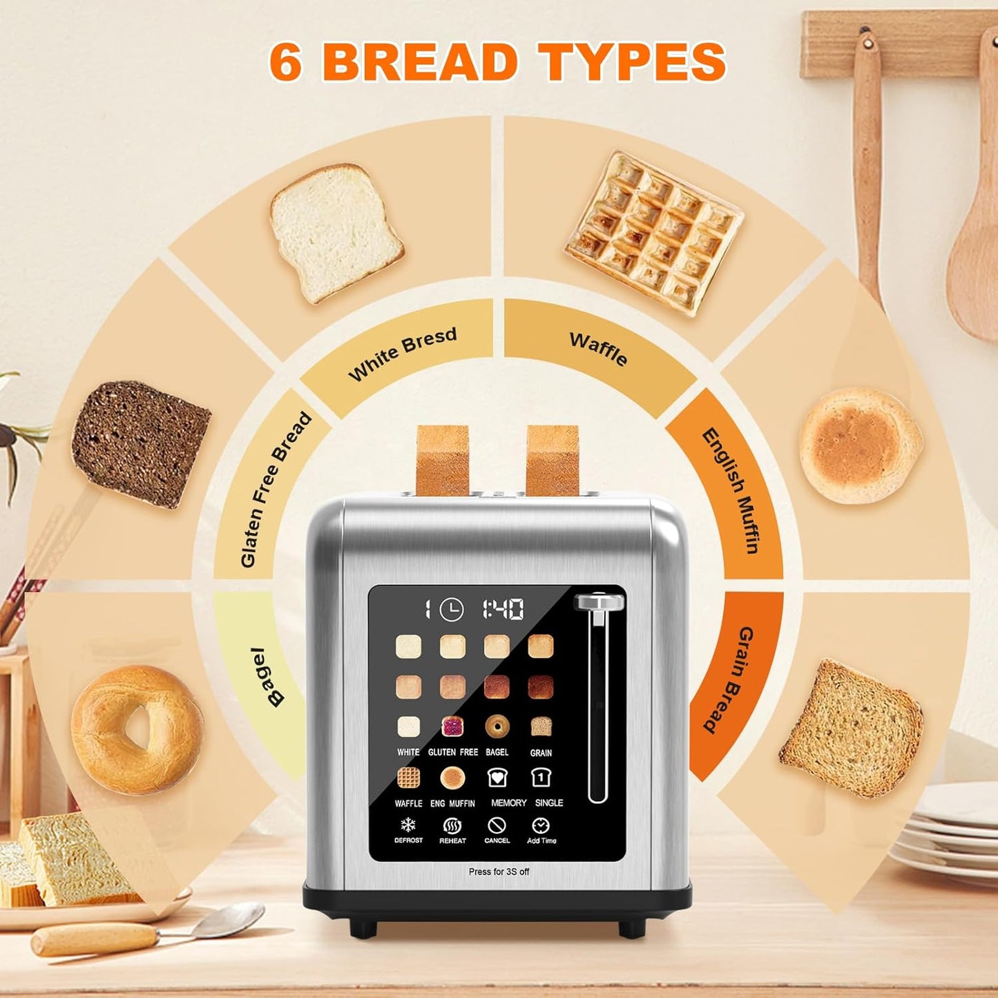 2 Slice Toaster Touch Screen, Stainless Steel Toasters Digital Timer 2 Slot Toasters, 8 Shade Settings 6 Bread Types for Bagel, Cancel, Defrost（Stainless Steel）
