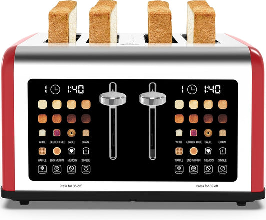 4 Slice Toaster Touch Screen, Stainless Steel Toasters Digital Timer, Dual Control Panel Toasters, 8 Shade Settings 6 Bread Types for Bagel, Cancel, Defrost 1650W Red