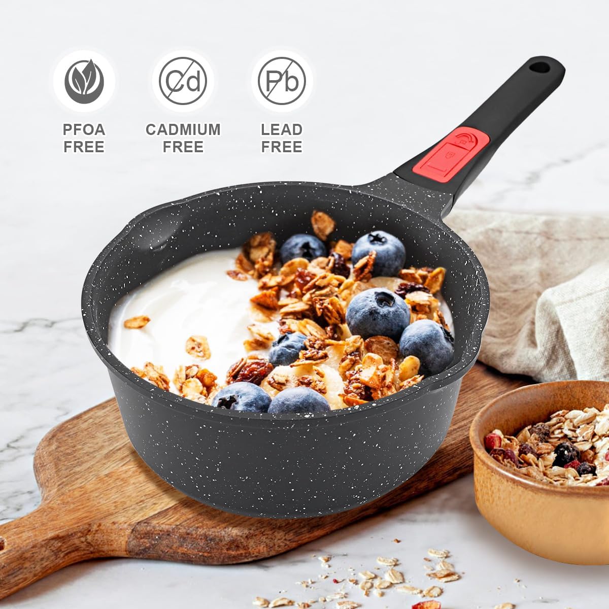 2.3 Quart Nonstick Saucepan with Lid, Small Sauce Pan for Cooking Milk Pot with Detachable Handle, Compatible for All Stoves, Oven Safe (Black)