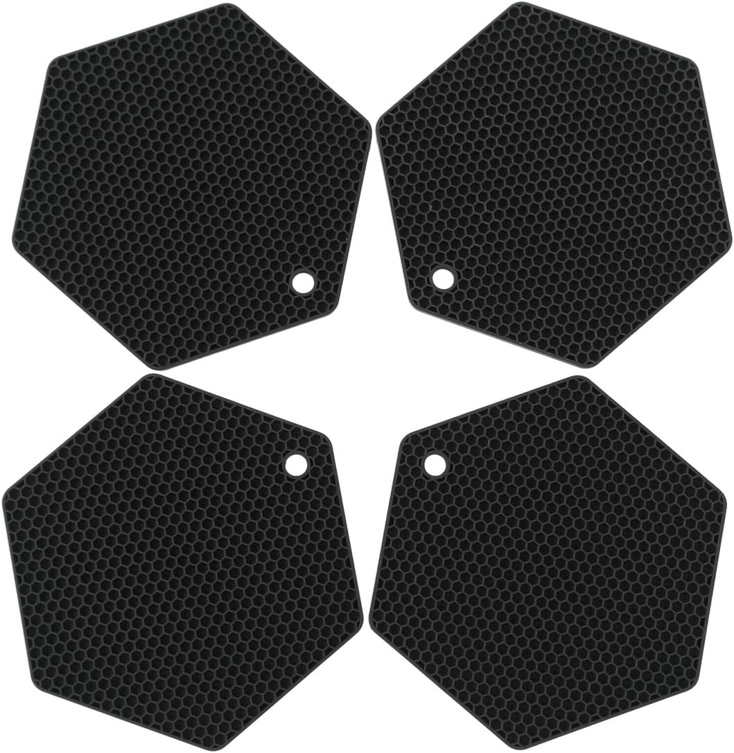 4 Packed Silicone Trivet Mats - DIY Different Size Dish Drying Mat, Hot Pot Holder for Pots & Pans, Non-Slip & Heat Resistant Kitchen Hot Pads for Countertops & Table, Black