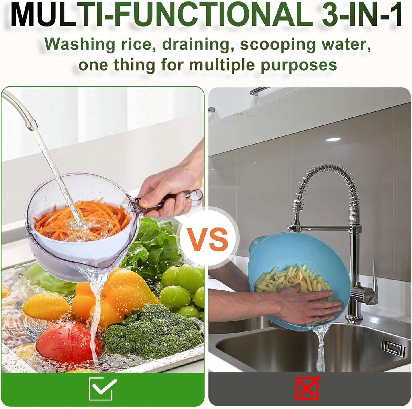 3-in-1 Kitchen Tool: Works as Rice Strainer, Fruit Washing Bowl with Strainer, Water Scoop. PET+PP Material, Rotatable Inner Basket for Easy Draining, Ideal for Rinsing Rice, Washing Fruits/Veggies.