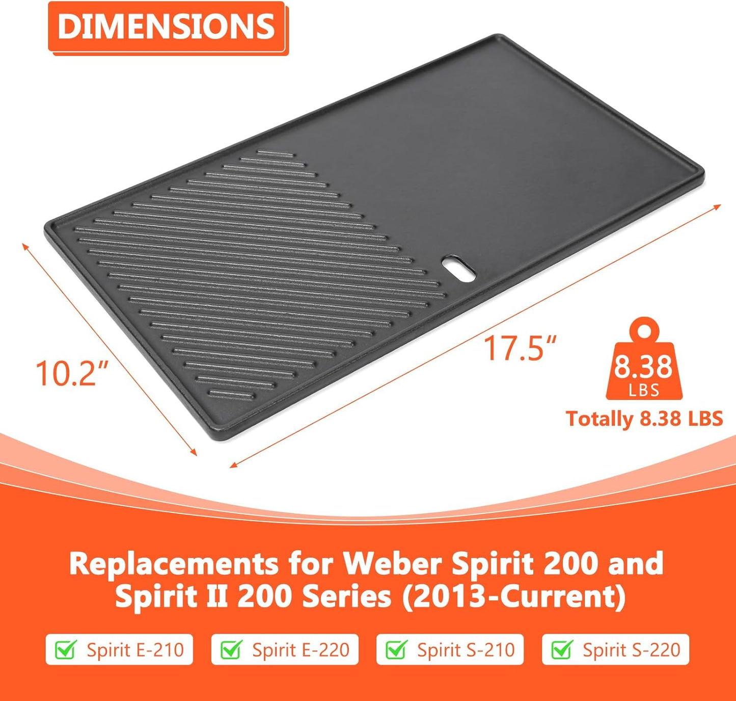 QuliMetal 7637 Reversible Cast Iron Grill Griddle for Weber Spirit E-210, Spirit 200, GS4 Spirit II 200 Series Grills (Front Control Knobs) – 17.5-Inch Grill Griddle Replacement, 1 Pack