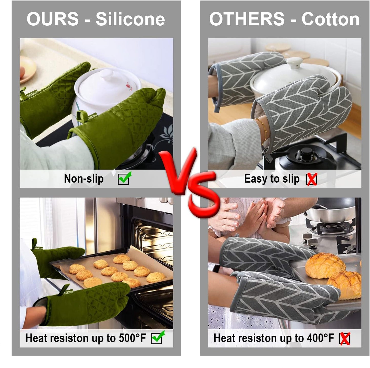 KEGOUU Oven Mitts and Pot Holders 6pcs Set, Kitchen Oven Glove High Heat Resistant 500 Degree Extra Long Oven Mitts and Potholder with Non-Slip Silicone Surface for Cooking (Olive Drab)