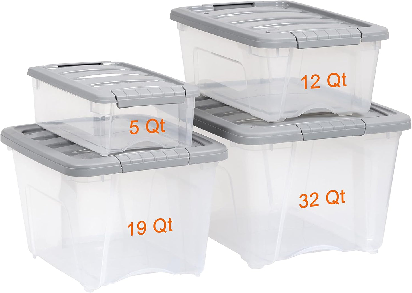 Amazon Basics Plastic Storage Containers with Secure Latching Lids, Stackable Organization Bins, Clear/Grey, 19 Quart, Set of 6