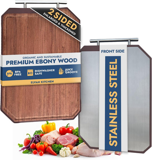 2-in-1 Wooden Cutting Board – 17.7"x11.8", Ebony & Stainless Steel – Double-Sided | Juice Groove | Handle for Hanging | Meat, Cheese, Veggies | BPA-Free & Dishwasher Safe