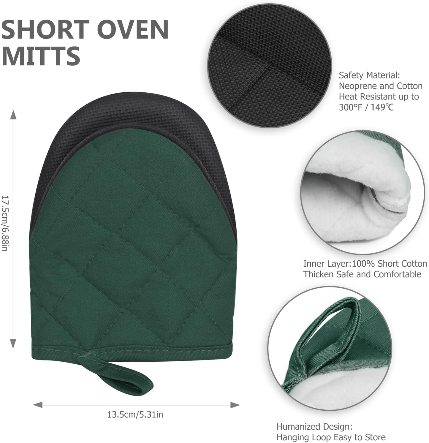 1 Pair Short Oven Mitts - Silicone Kitchen Oven Gloves High Heat Resistant 500℉, Mini Oven Mits with Non-Slip Grip Surfaces and Hanging Loop for BBQ, Baking, Cooking and Grilling (ArmyGreen)