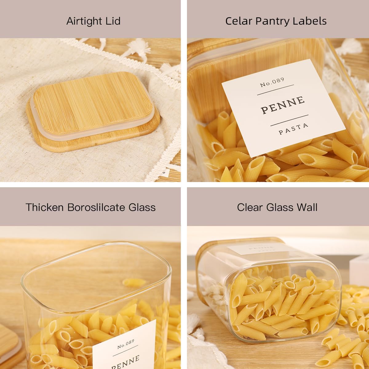 4 Pack Square Glass Pantry Storage Containers with 132 Kitchen Food Pantry Labels - 34 floz Clear Glass Pantry Jars with Airtight Wood Bamboo Lids - Glass Canisters for Tea, Cereal, Coffee, Spice