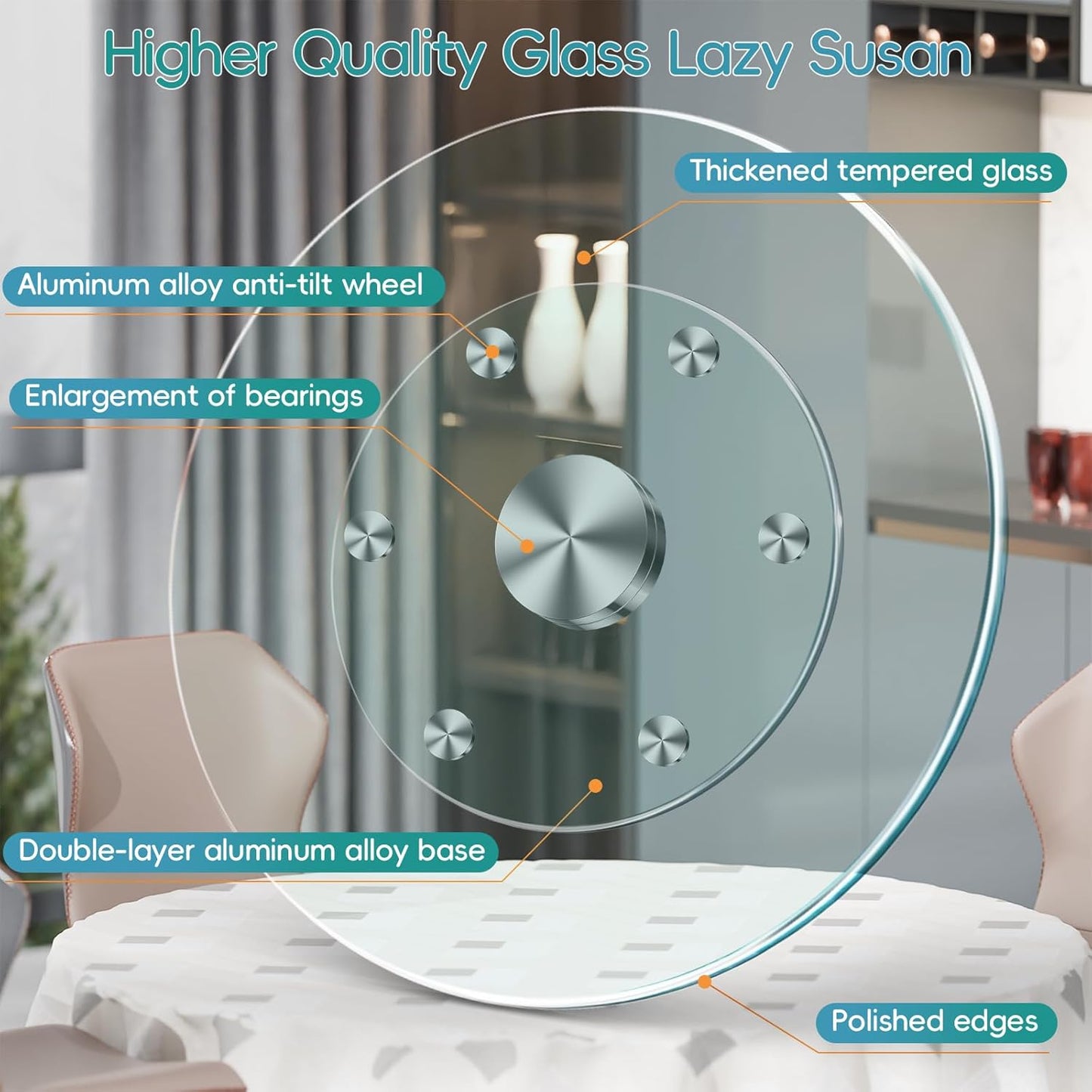35" Large Lazy Susan for Dining Table Kitchen Glass Turntable with Aluminum Alloy Bearing, Smooth Swivel