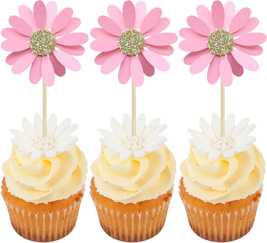 24Pcs Daisy Cupcake Toppers Flower Cake Topper Decorations Daisy Cake Decorations Chrysanthemum Cupcake Toppers Spring Daisy Flower Cake Picks for Birthday Wedding Supplies Light Pink
