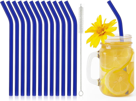 12 Pcs Reusable Glass Straws 8"x 8 mm Bent Glass Drinking Straws with Cleaning Brush for Tea, Smoothies, Milkshakes, Juices,Beverages(dark blue)