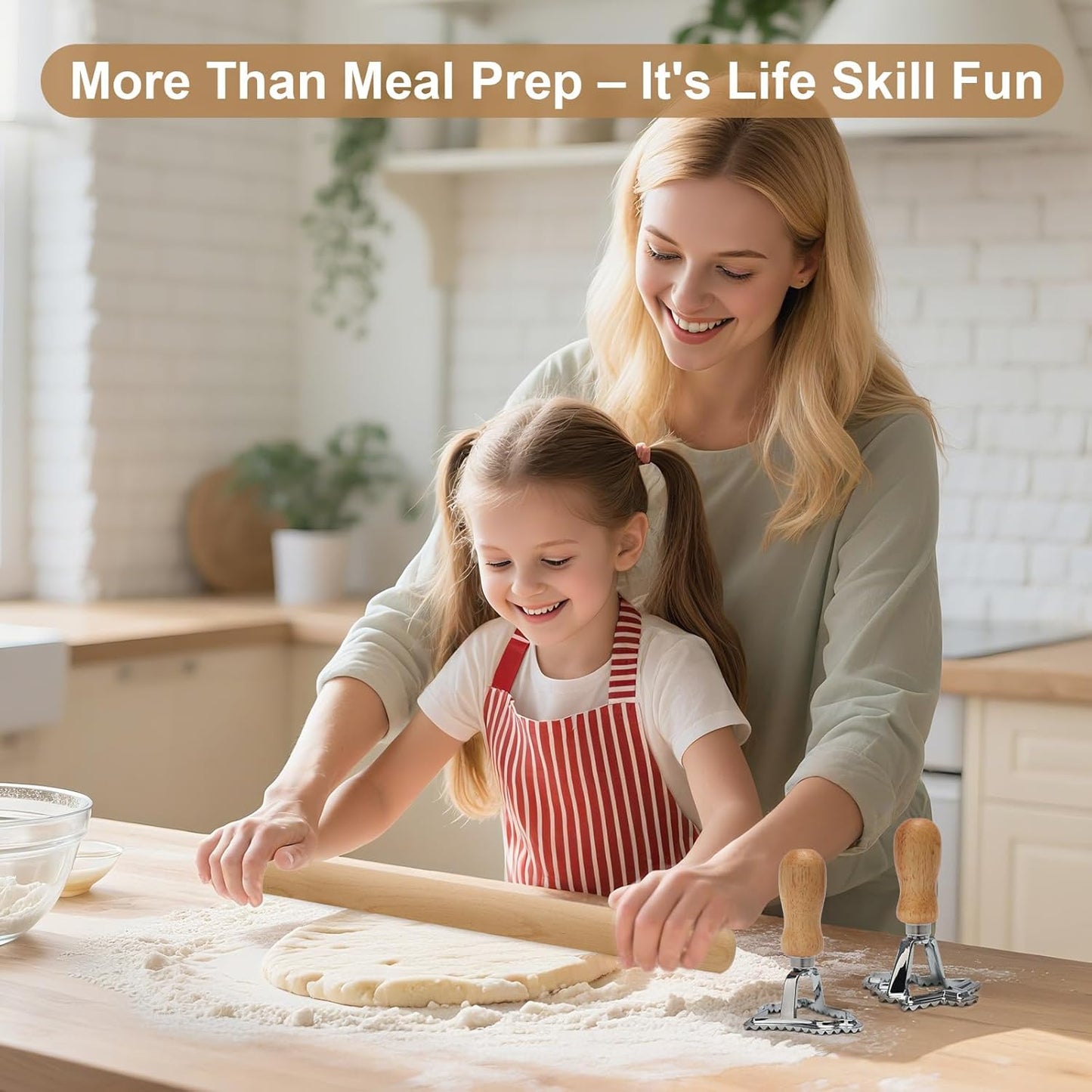 11 Pcs Pasta Making Tools with 4 Ravioli Stamps(Christmas Tree,Bell,Square,Round),Pasta Drying Rack, Threaded Rolling Pin, 2 Rolling Pins, Gnocchi Board,Dough Cutter, Wheel Cutter,Homemade Pasta Kit