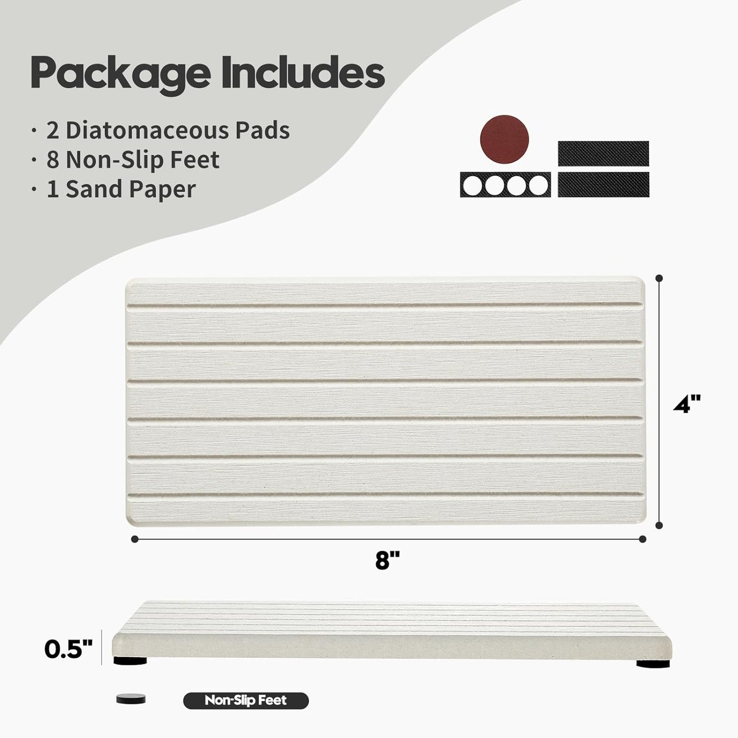 2 Pack Greige Bathroom Sink Vanity Trays, Diatomite Stone Kitchen Counter Caddy Dish Soap Dispenser Sponge Holder, Water Absorbing Mat Organizer for Plant,Cosmetic Bottle, Beige, 8"x3.8"