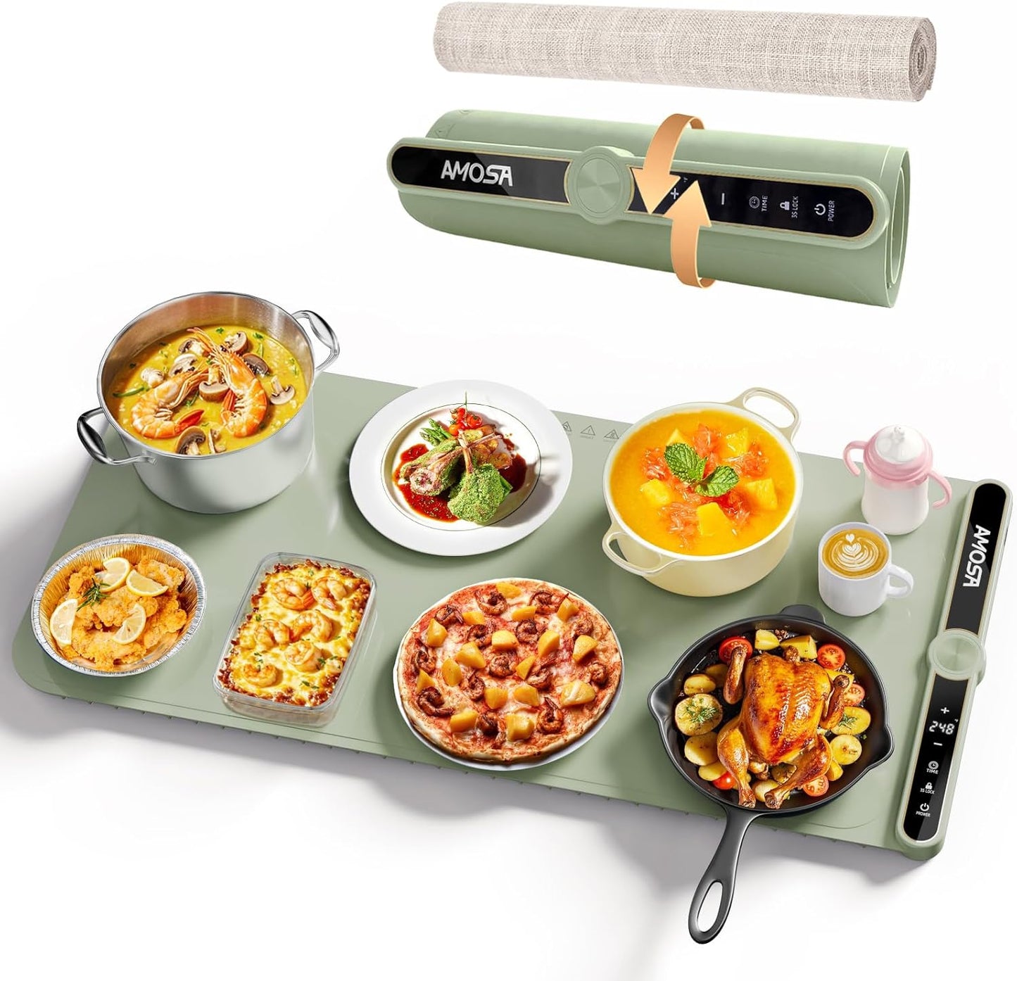 Warming Mat for Food, Fast Heating Electric Food Warmer with 9 Level Temperature and 6 Hours Timer, Extra Large Roll Up Silicone Food Warming Mat, Portable Warming Trays for Buffets Party (Green)