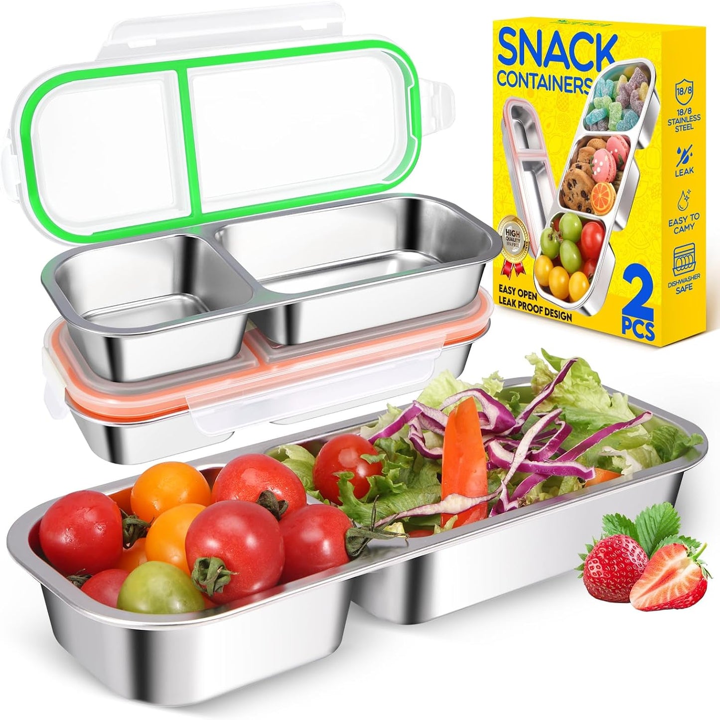 2Pack Stainless Steel Snack Containers for Kids Adults, Reusable Double Compartment Snackle Box Container with Leakproof Lids Metal Bento Lunch Food Snack Box for Travel Picnics Camping Office School