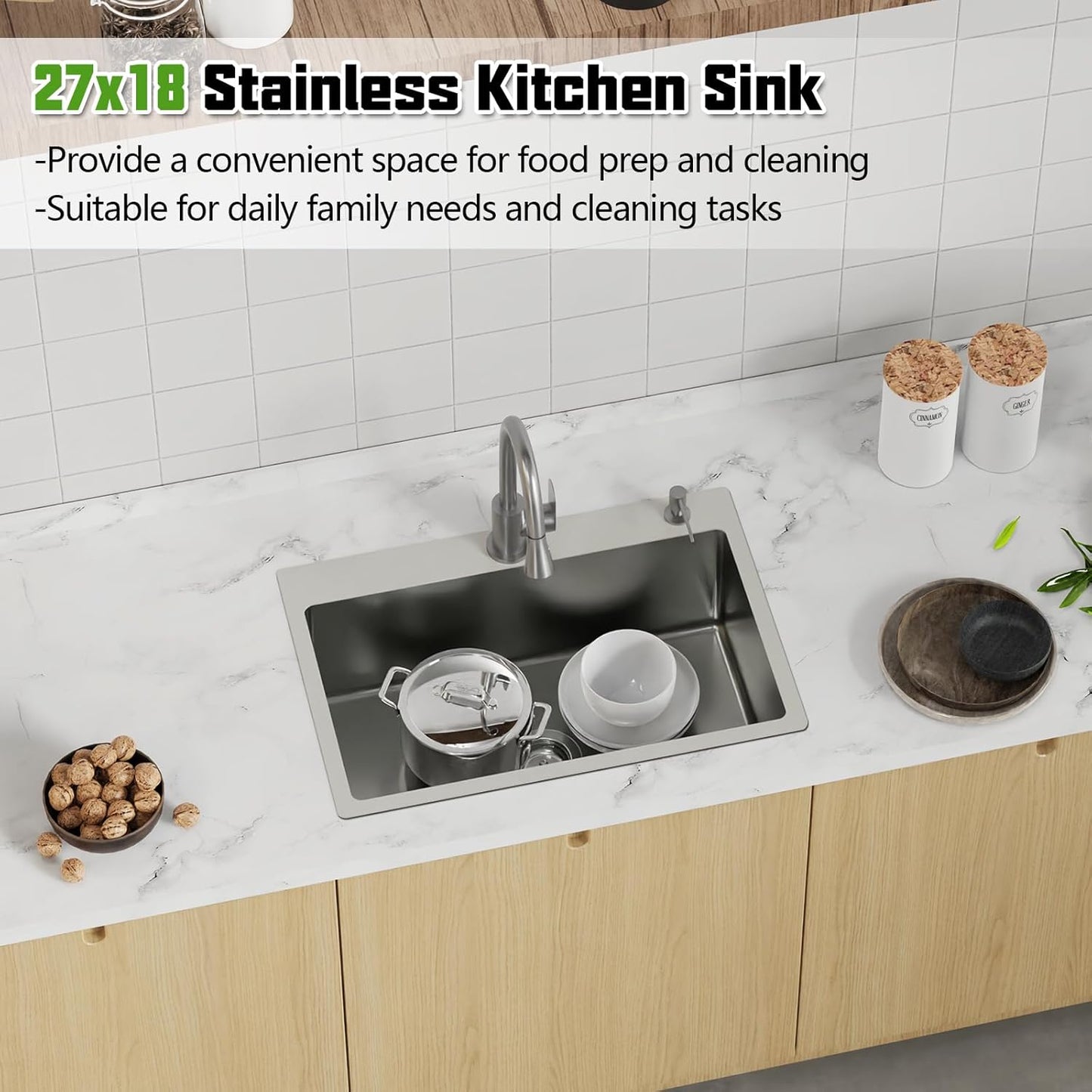 27x18 Inch Kitchen And Bar Sink-Stainless Steel Drop In Kitchen Sink Modern Single Bowl Topmount Bar Sink Come With Silicon Mat,Drain Strainer Set Compatibility With Various Kitchen&Bar Style