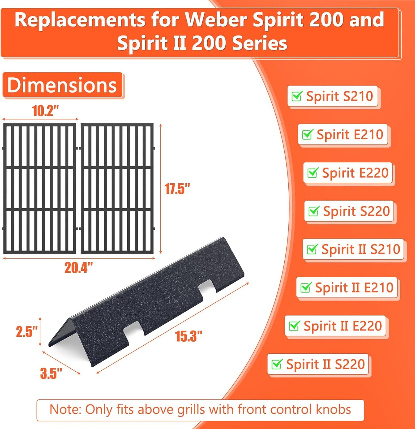 QuliMetal 7637,7635 Grill Parts for Weber Spirit E-210, Spirit 200, GS4 Spirit II 200, Spirit II E-210 Series, Spirit II E-210 Gas Grills,(Front-Mounted Control),15.3" Flavorizer Bars & 17.5" Grates