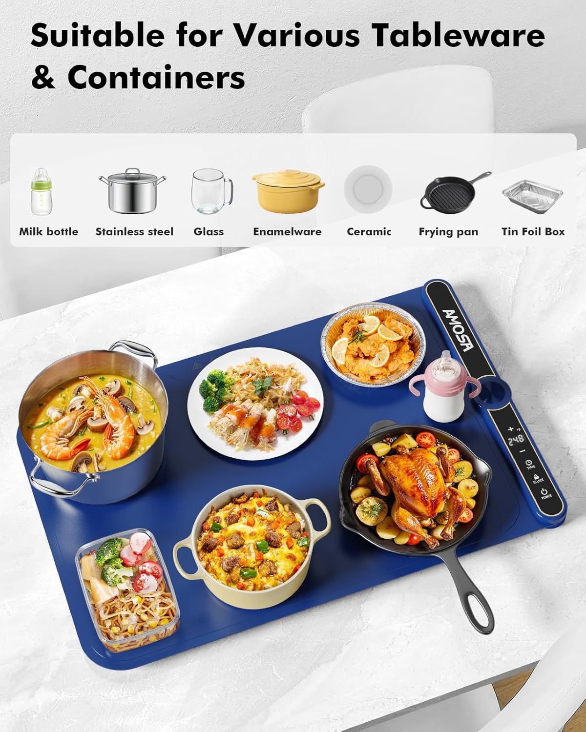 Warming Mat for Food, Fast Heating Electric Food Warmers with 9 Level Temperature and 6 Hours Timer, Large Roll Up Silicone Food Heating Mat, Portable Warming Trays for Buffets Party (Blue)