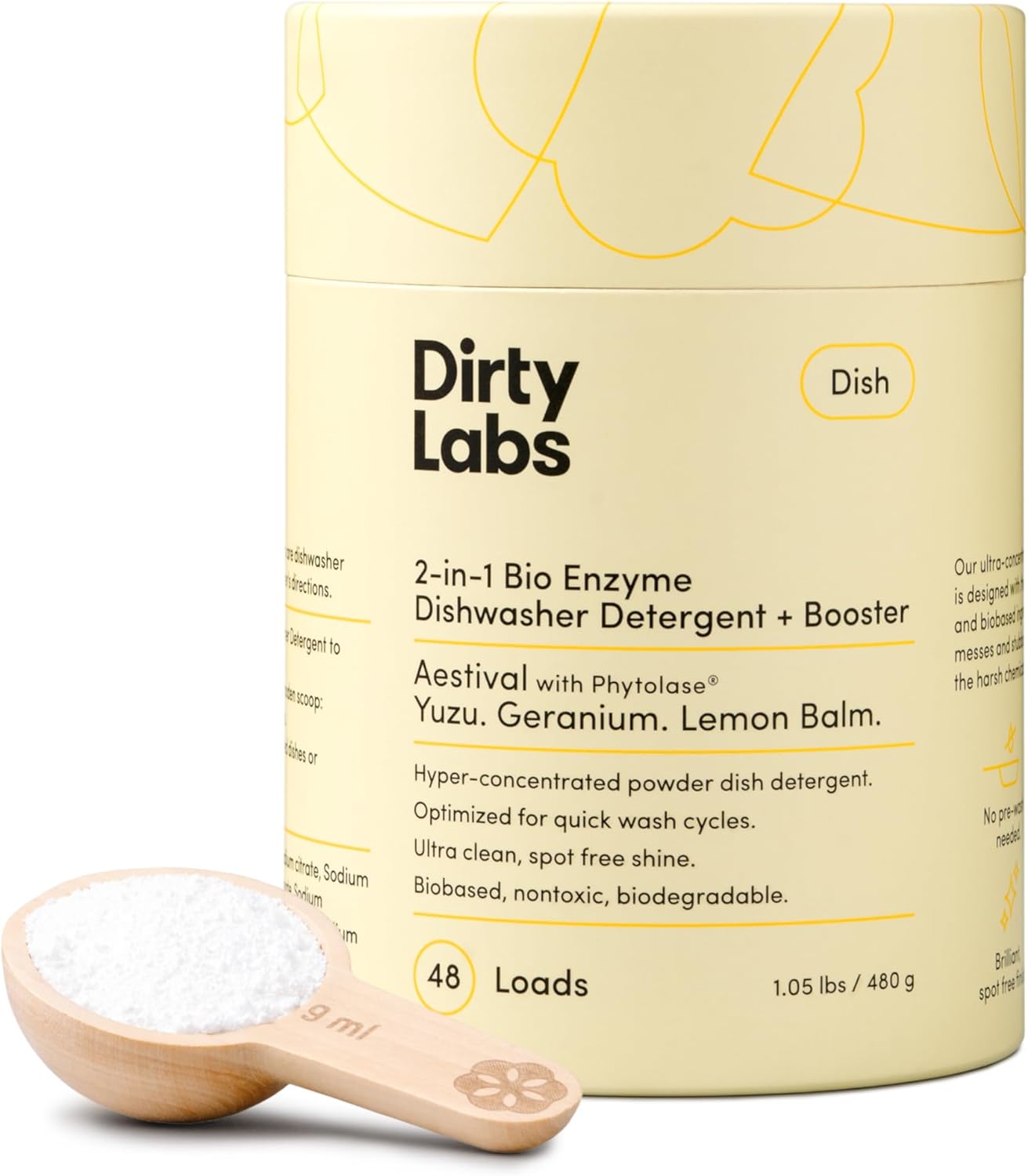 Dirty Labs | Dishwasher Detergent and Booster | Aestival Scent | 48 Loads (1 lb) | Ultra Clean, Spot Free, Quick Wash Optimized | Hyper Concentrated