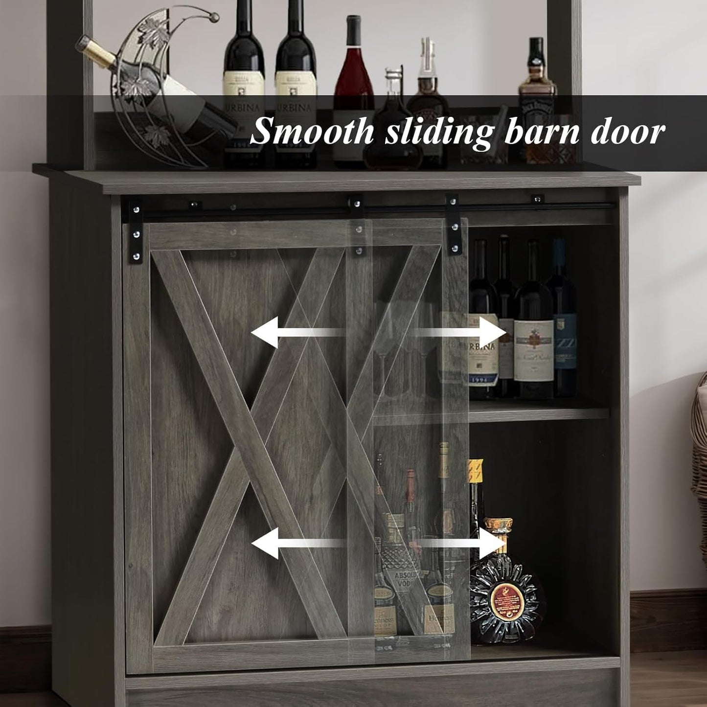4ever2buy Farmhouse Coffee Bar Cabinet with 6 Hooks, 50'' Kitchen Buffet Hutch Cabinet with Sliding Barn Door, Small Coffee Bar Table with Hutch for Dining Living Room, Wash Gray