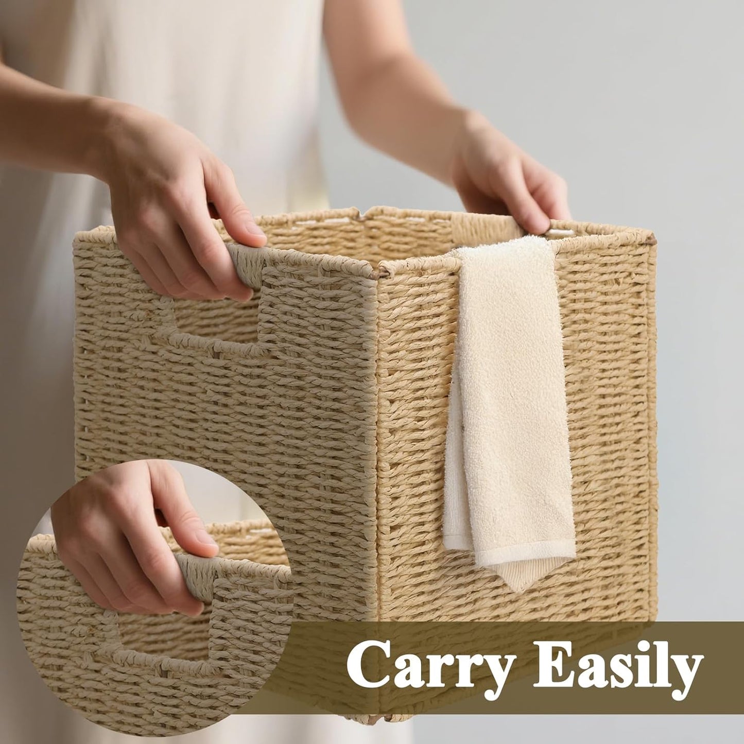 Wicker Storage Baskets for Organizing, 3 Pack Rustic Foldable Square Basket for Shelves, Handwoven Cubby Organizer Bins for Home Decor, Small Cube Storage Bin for Closet Organization (Natural 11 inch)