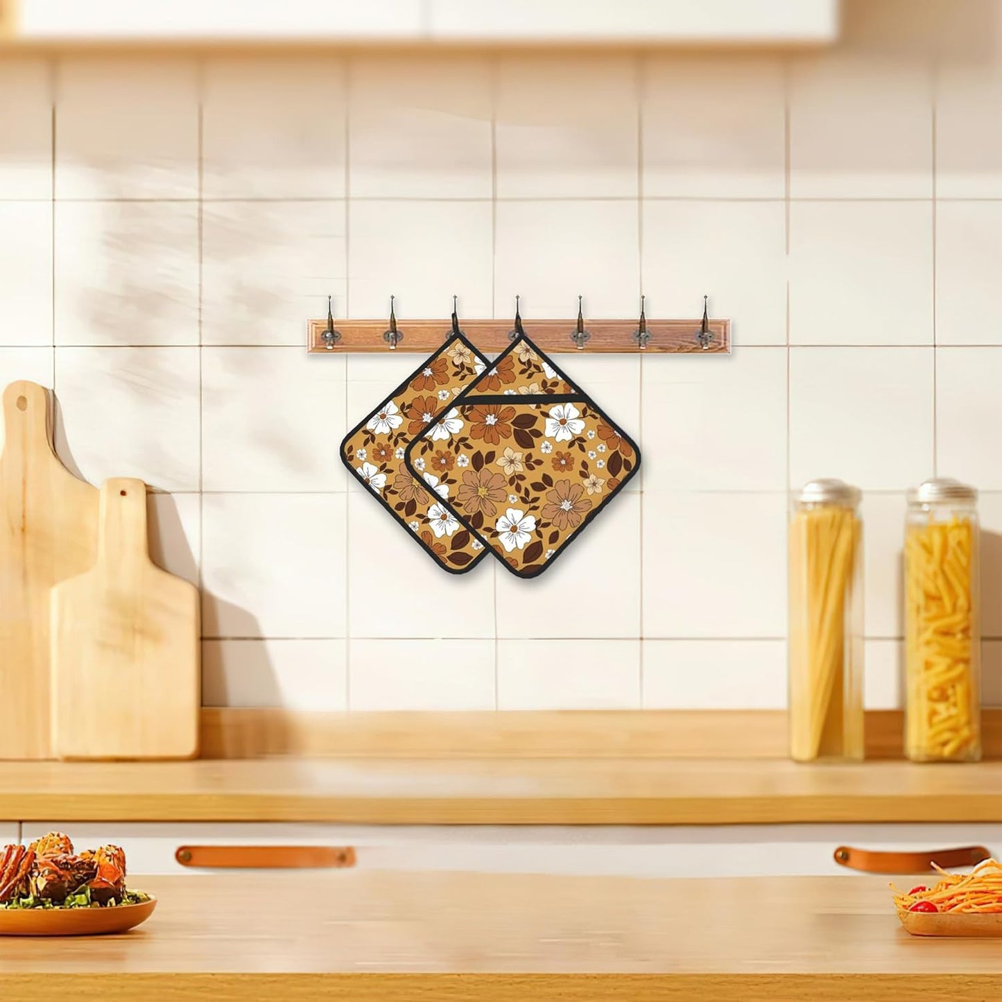 2 Pack Vintage Floral Pot Holders for Kitchen Heat Resistant, White Brown Flowers Potholders for Kitchens Washable for Cooking & Baking & Microwave