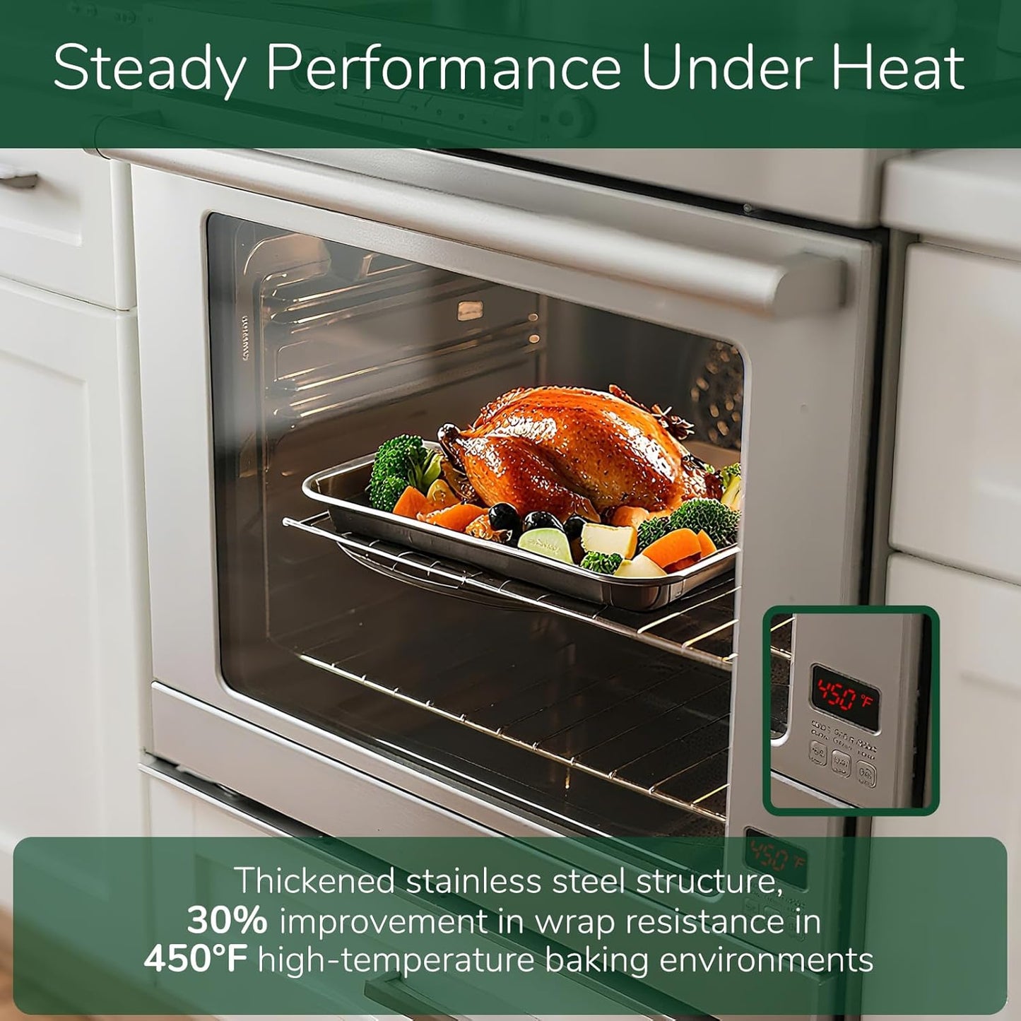 18/0 Stainless Steel Baking Sheet with Cooling Rack, 12.4 Inch Oven-Safe Non-Toxic Cookie Sheets for Baking, Coating Free & Rust Resistant for Healthy Family Baking, Easy to Clean, Heavy Duty