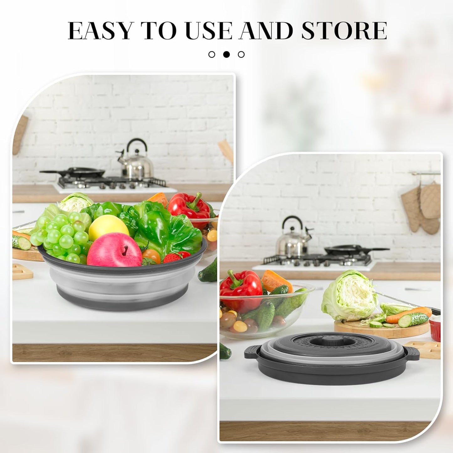 10.7 Inch Microwave Food Cover with Heat Insulation Mat, Anti-Scald Collapsible Microwave Splatter Cover, Multi-Functional as Colander & Fruit Plate, Dishwasher Safe, Ideal for Meal Prep (Black)