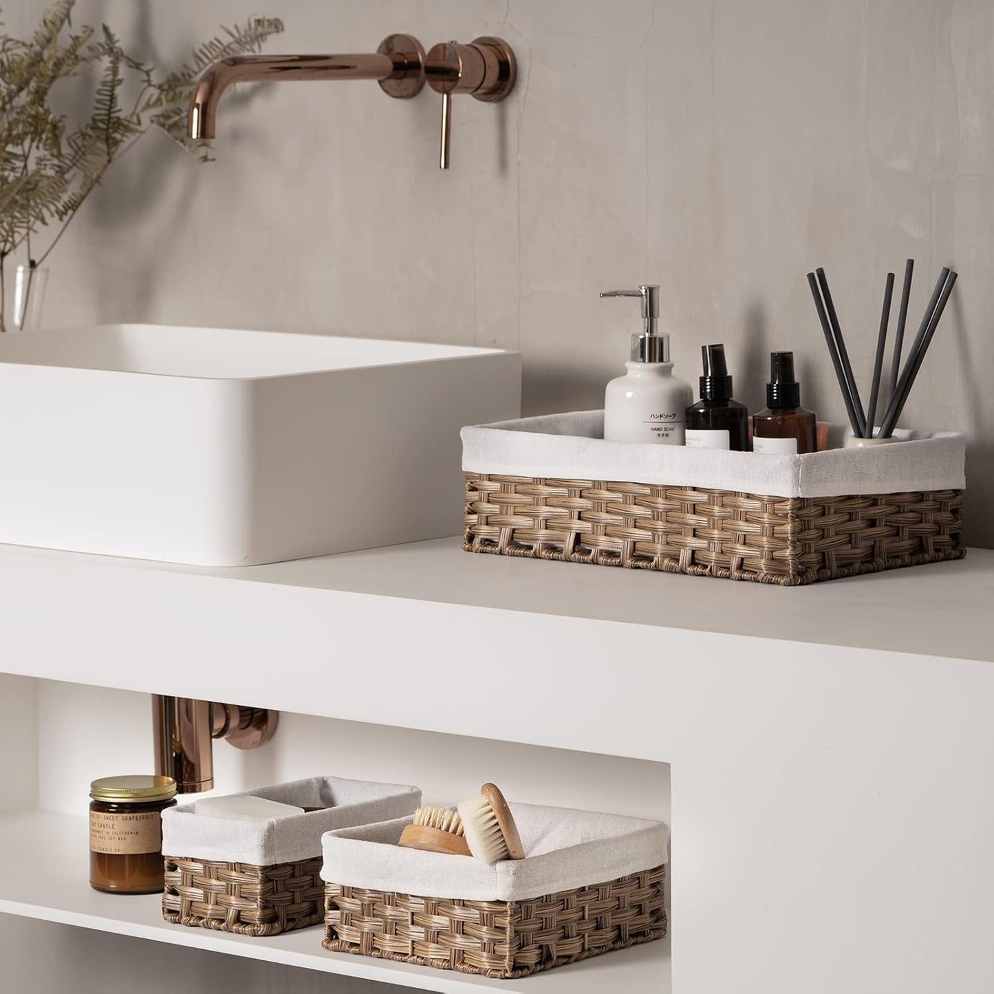 FairyHaus Wicker Baskets for Organizing, Waterproof Rectangle Small Storage Basket for Shelves, Nesting Lined Set of 3, Rustic Brown