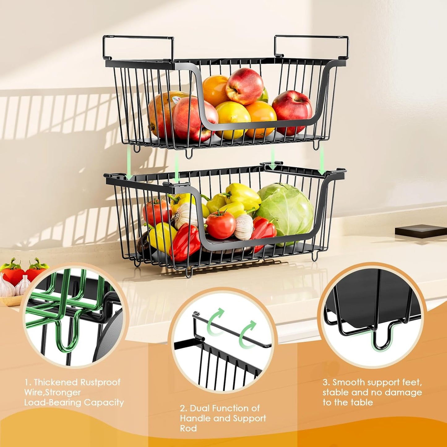 4 Pcs Stackable Wire Baskets for Pantry Organizers and Storage,Kitchen Storage Metal Baskets,Produce Potato Onion Storage Bin,Vegetable Fruit Basket for Countertop,Black