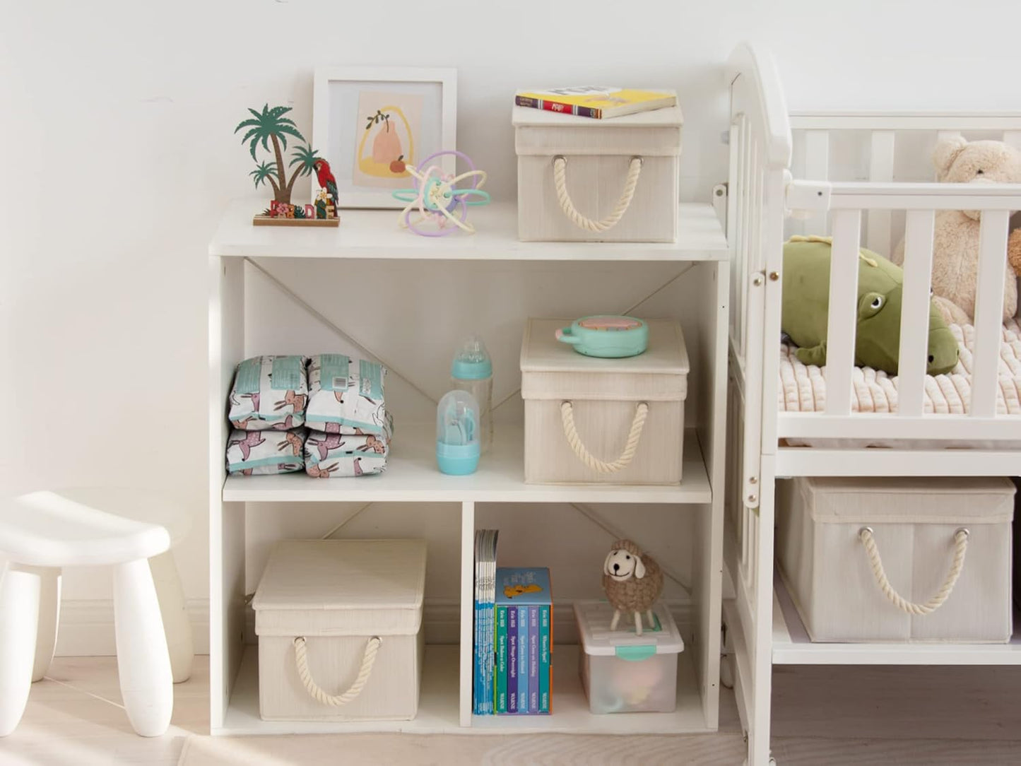 StorageWorks Storage Bins with Lids, Decorative Storage Boxes with Lid and Soft Rope Handles, Foldable Storage Baskets for Closet, Shelves, Stackable, Mixing of Beige, White & Ivory, Medium, 3-Pack