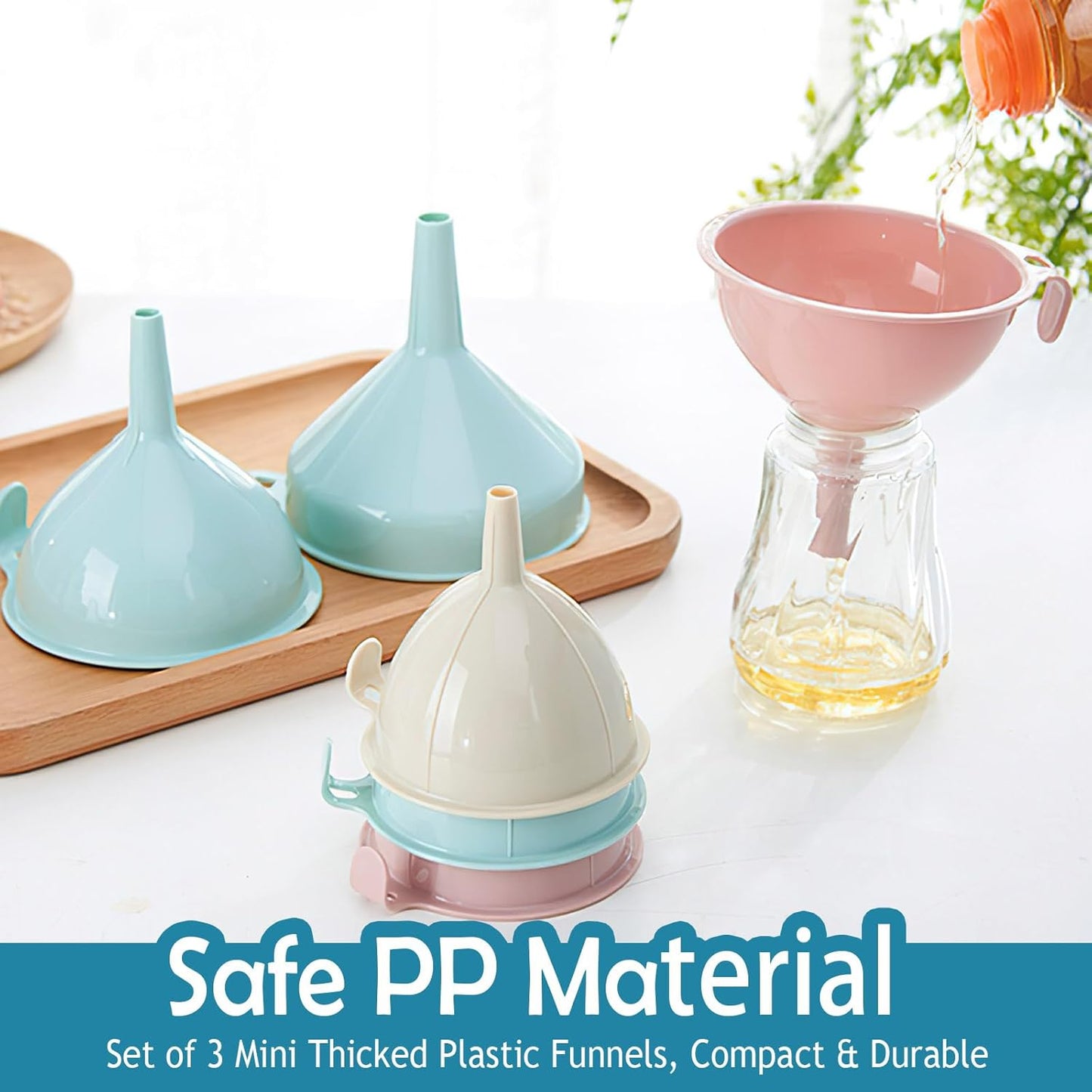 3-Piece Plastic Funnel Set - 5-Inch Diameter Kitchen Funnels for Bottles, Jars, and Lab Use (Off-White)