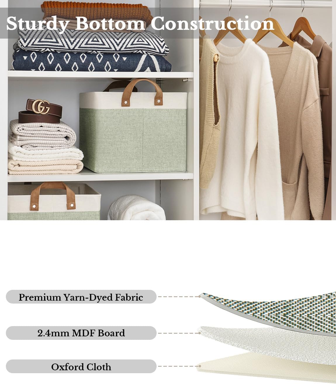 StorageWorks Storage Bins, Fabric Storage Bins for Shelves, Large Storage Baskets with Metal Frame, Closet Baskets and Bins with Handles, Green and White, 2-Pack