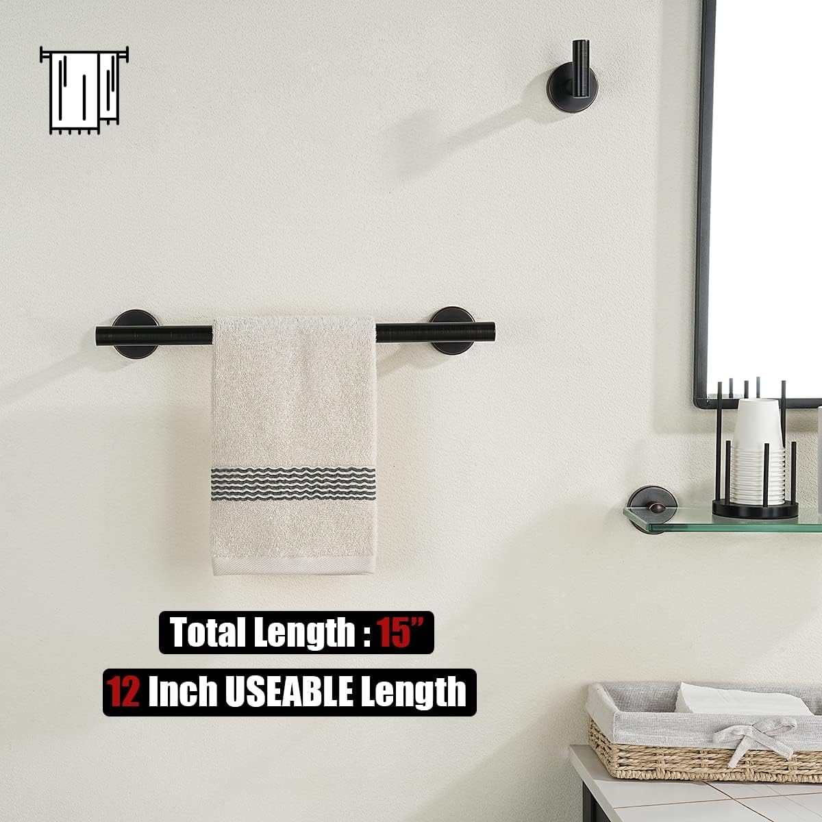 JQK Oil Rubbed Bronze Towel Bar, 15 Inch 304 Stainless Steel Thicken 0.8mm Towel Rack Bathroom, Towel Holder Wall Mount, Useable Length 12 Inch, TB110L12-ORB