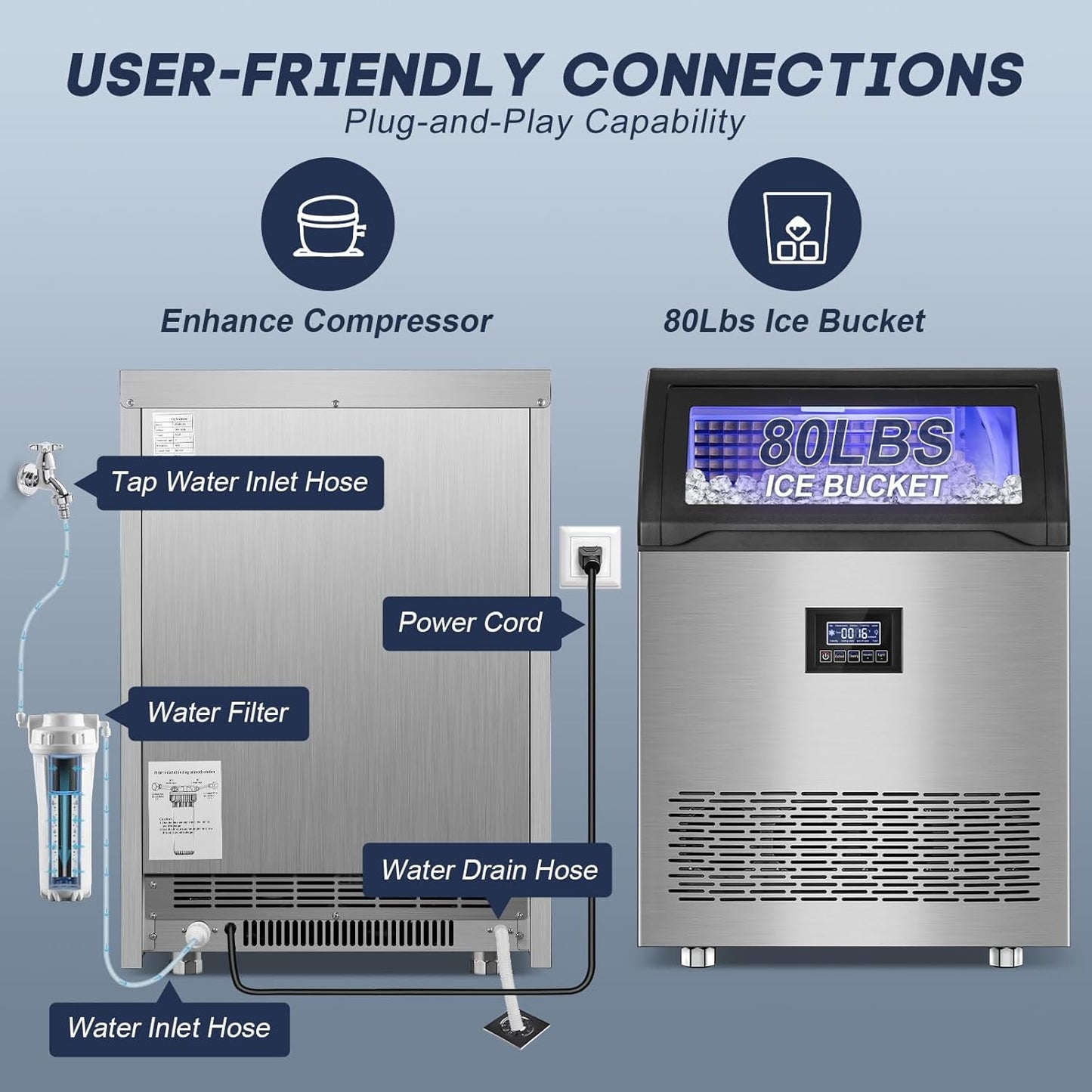 350 Lbs/24H Commercial Ice Maker – 80 Lbs Storage Bin, 126 Ice Cubes Per Cycle – Stainless Steel Undercounter/Freestanding Design, Perfect for Home, Bar, and Outdoor Use, Self-Cleaning Function