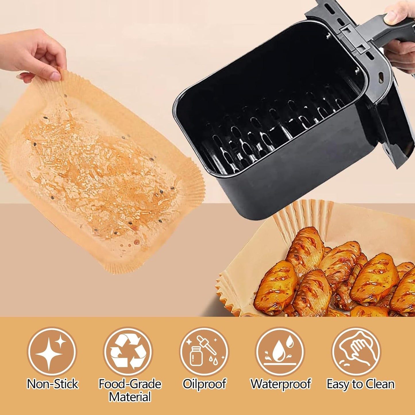 150 Pack 8.6x5.5" Air Fryer Liners, Parchment Paper Sheets For Ninja DZ201/DZ401 Dual Basket, Non-Stick, Disposable, Unbleached, Heat Resistant, Fits 3-6 QT Air Fryers, Oil-Free & Healthy Cooking.