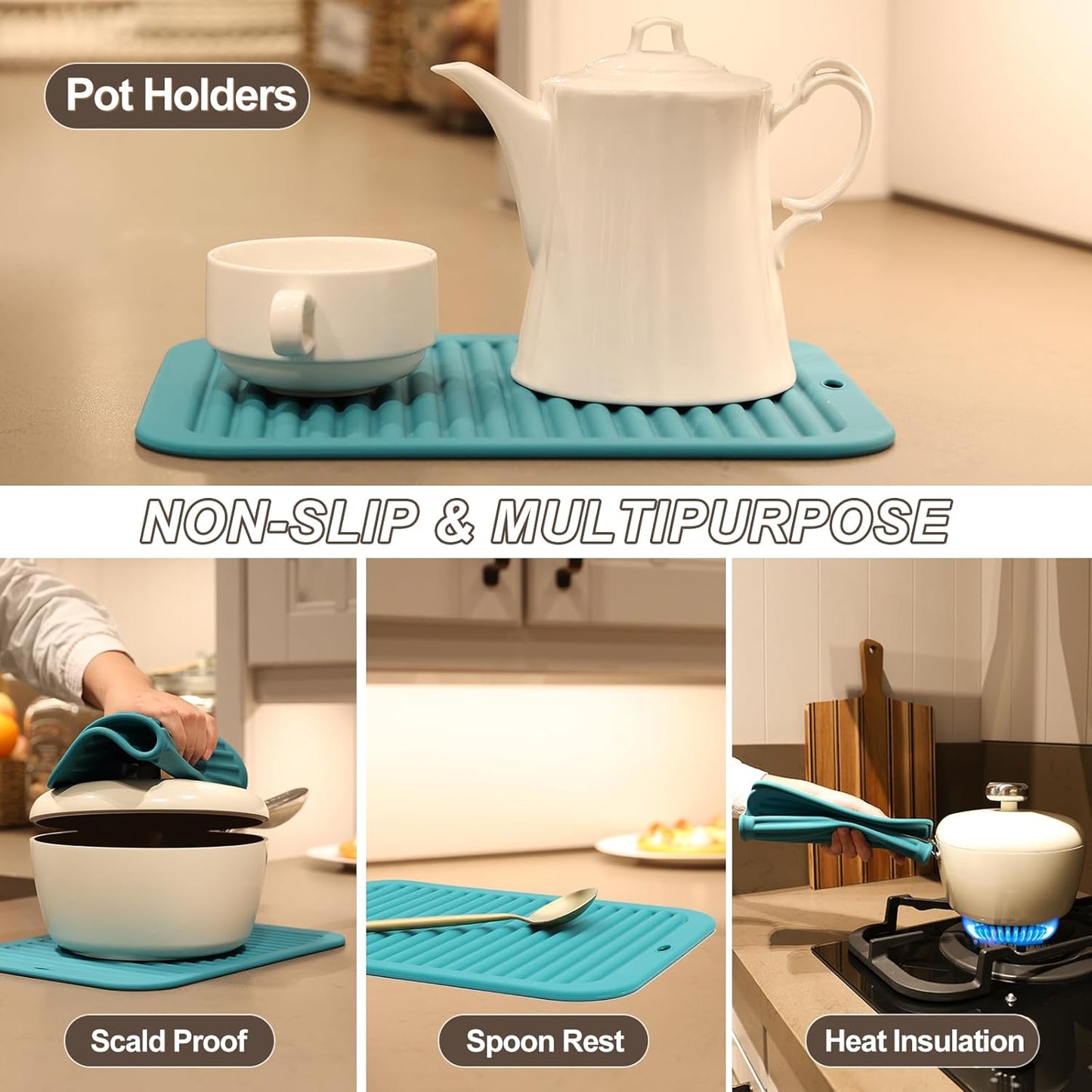 Joyhalo 4 Pack Silicone Trivets for Hot Pots and Pans,480℉ Heat Resistant Trivets for Hot Dishes,Hot Pads for Countertop,Kitchen Potholders,Dark Green