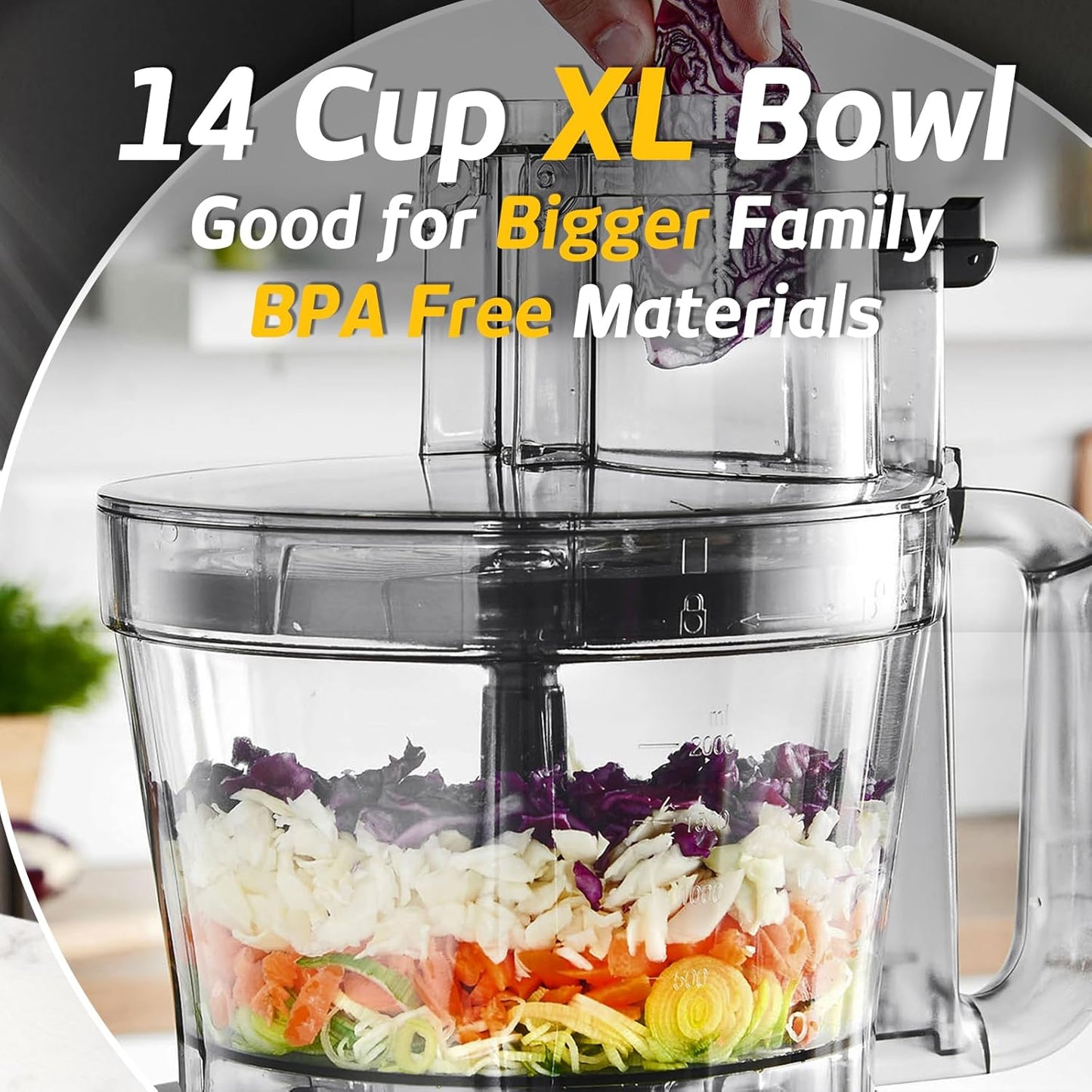 14-Cup French-Fry-Cutter Large Food-Processors - Large Feed Chute, Grey Color, Cheese Shredding, Meat Chopping, Shredding and Slicing, Mixing and Doughing, for Home Use