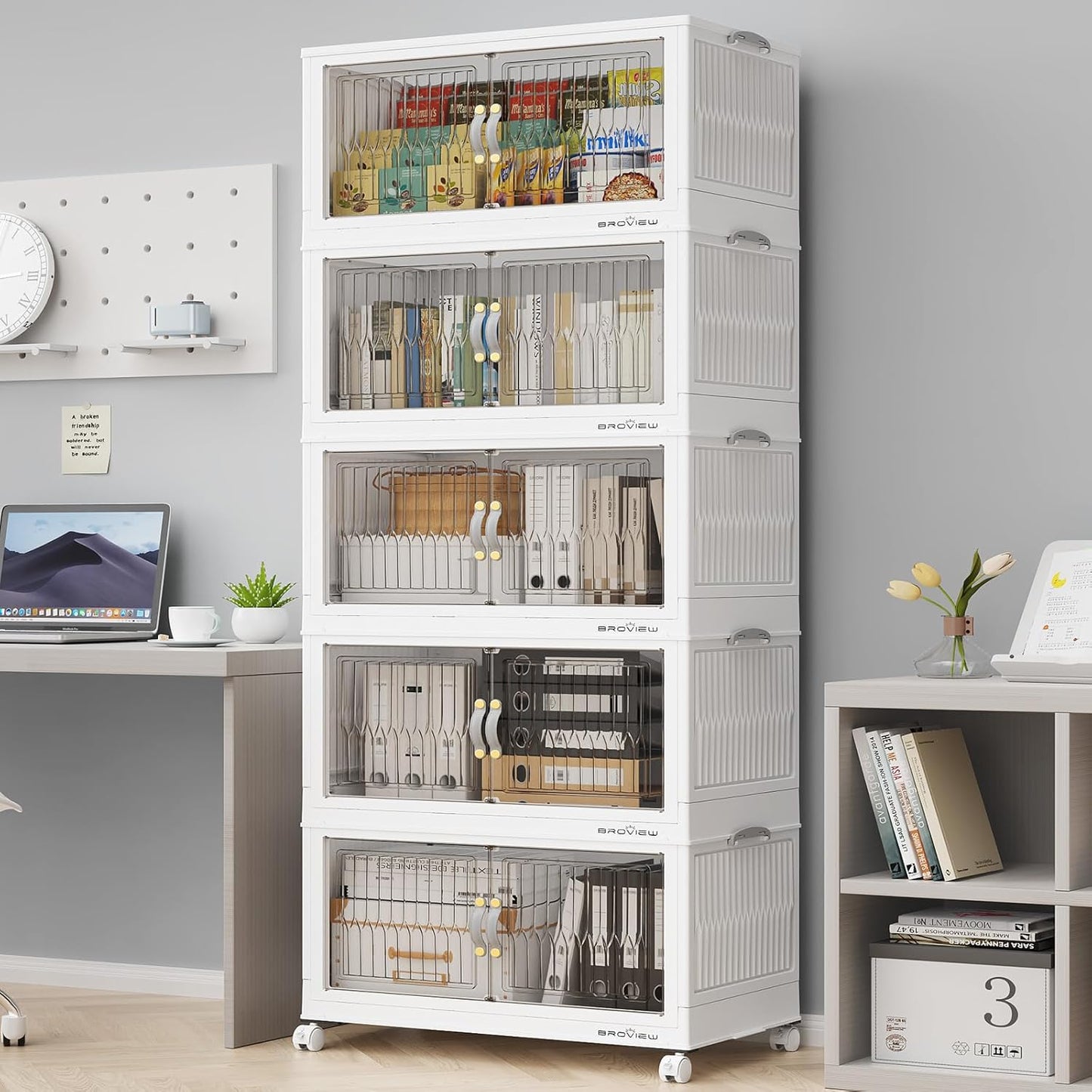 300Qt Stackable Storage Bins with Lid, Extra Large Closet Organizer Collapsible Drawer Boxes with Wheels, Folding Plastic Cabinet Containers for Home Kitchen Room Organization, 5Pack White