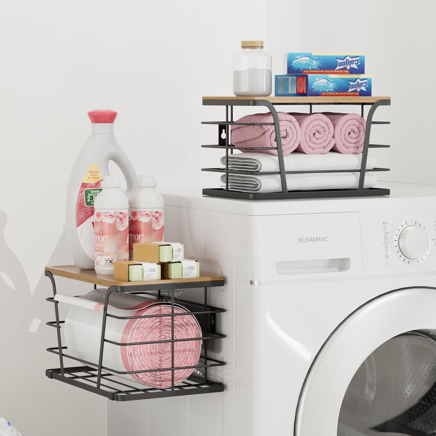 2 Pack Extra Large Pantry Storage Organizers, Pantry Baskets organization, Potato and Onion Storage Bin, Wall Mount Trash Bag Storage for 13-33 Gallon Bags with Bamboo Top, Black