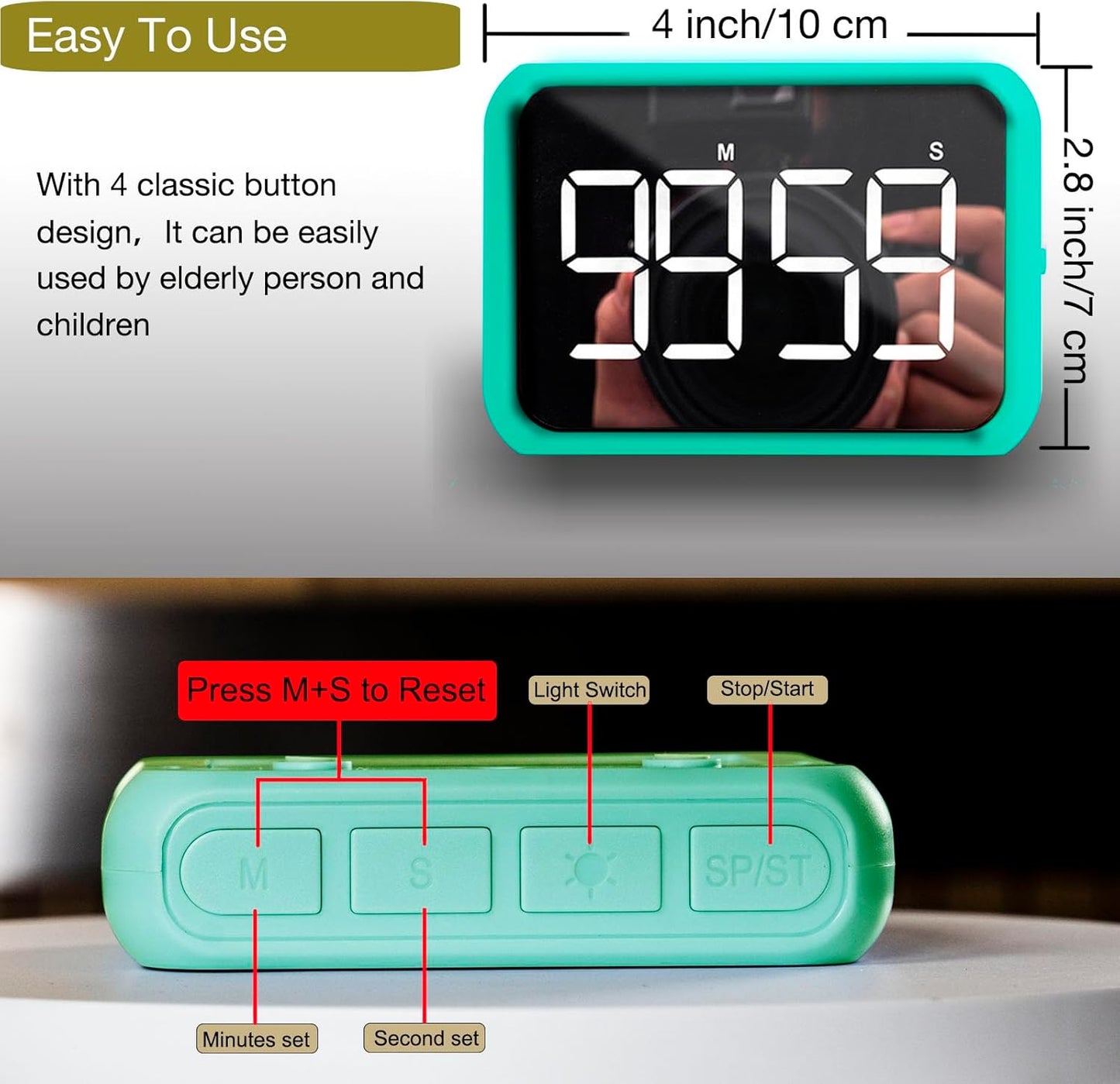 4-inch Timers for Kids, Large Magnetic Digital Kitchen timers with Constant Bright Function for Classroom, Silent Timer for Students and Teachers (1, Green)