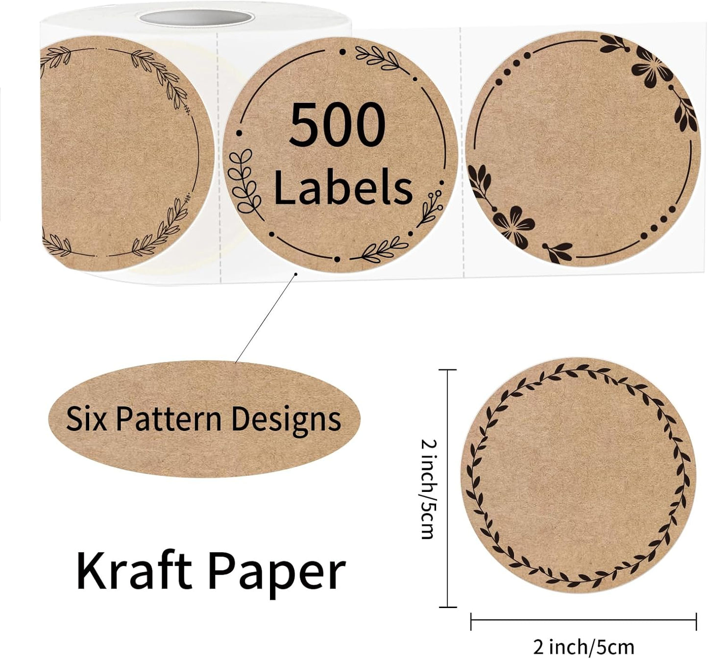 2" Brown Label Stickers for Jars and Lids, Kraft Sticker Labels for Pantry, Mason Jars, Canning, Bottles, 6 Different Drawn Wreath Designs, Kraft Paper/ 500pcs
