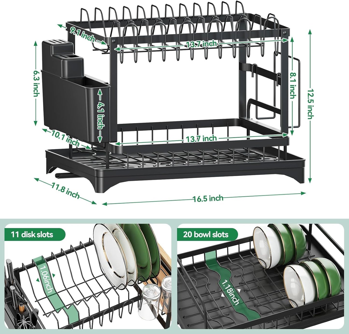2-Tier Dish Drying Rack with Drainboard, Sink & Countertop Metal Dish Rack Organizer, Dish Drainers for Kitchen Counter, Black