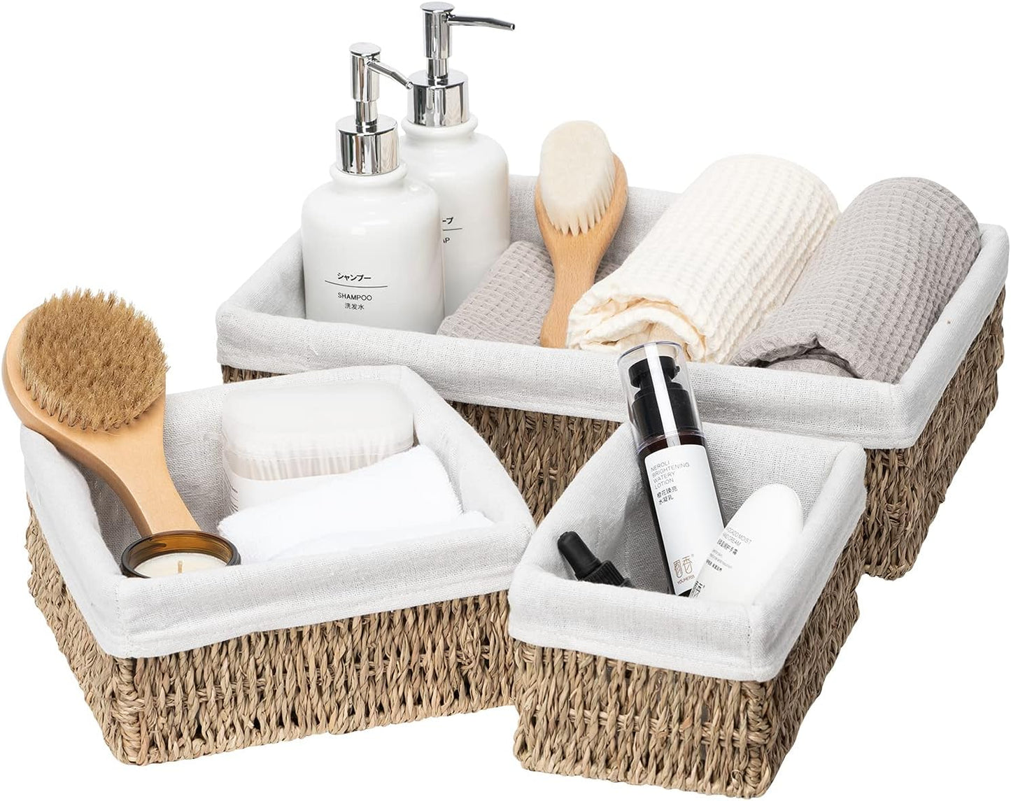 FairyHaus Seagrass Storage Baskets with Liner, Natural Small Seagrass Baskets, Hand-woven Nesting Wicker Baskets Set for Shelves Rectangle 3Pack (L+M+S)