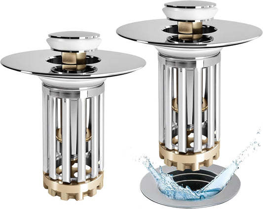 Bathroom Sink Drain Strainer, 2PCS 3 in 1 Pop Up Bathroom Sink Stopper with Removable Brass Basket Hair Catcher, Universal Sink Plug for 1.06 to 1.6in Drain Hole, Chrome Silver