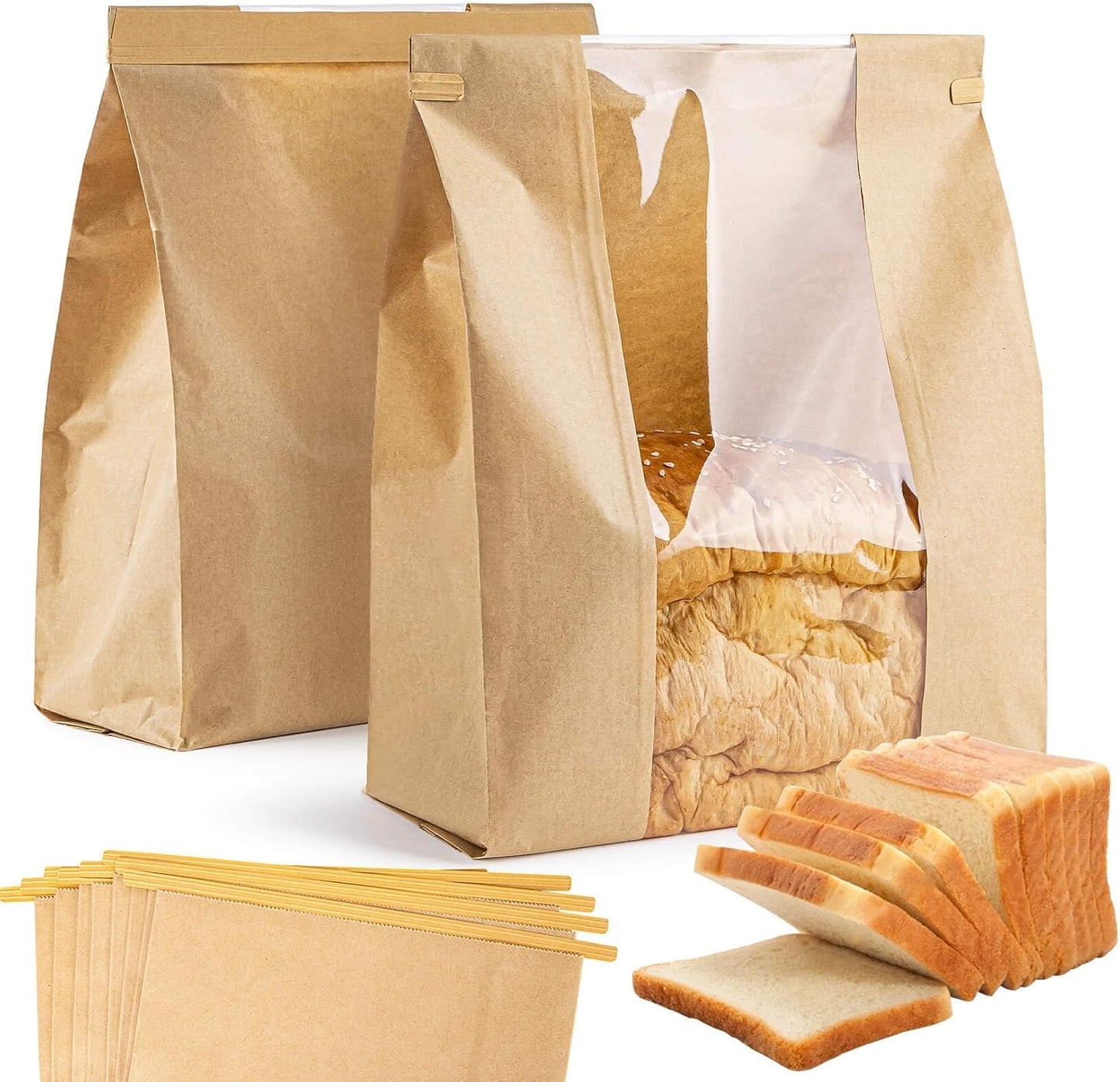 33PCS Bread Bags with Reusable Ties - Homemade Sourdough Bread Storage Brown Paper Bagel Loaf Bakery Bags with Window Toast Bags with Resealable Tie Disposable Baked Goods Sale Packaging