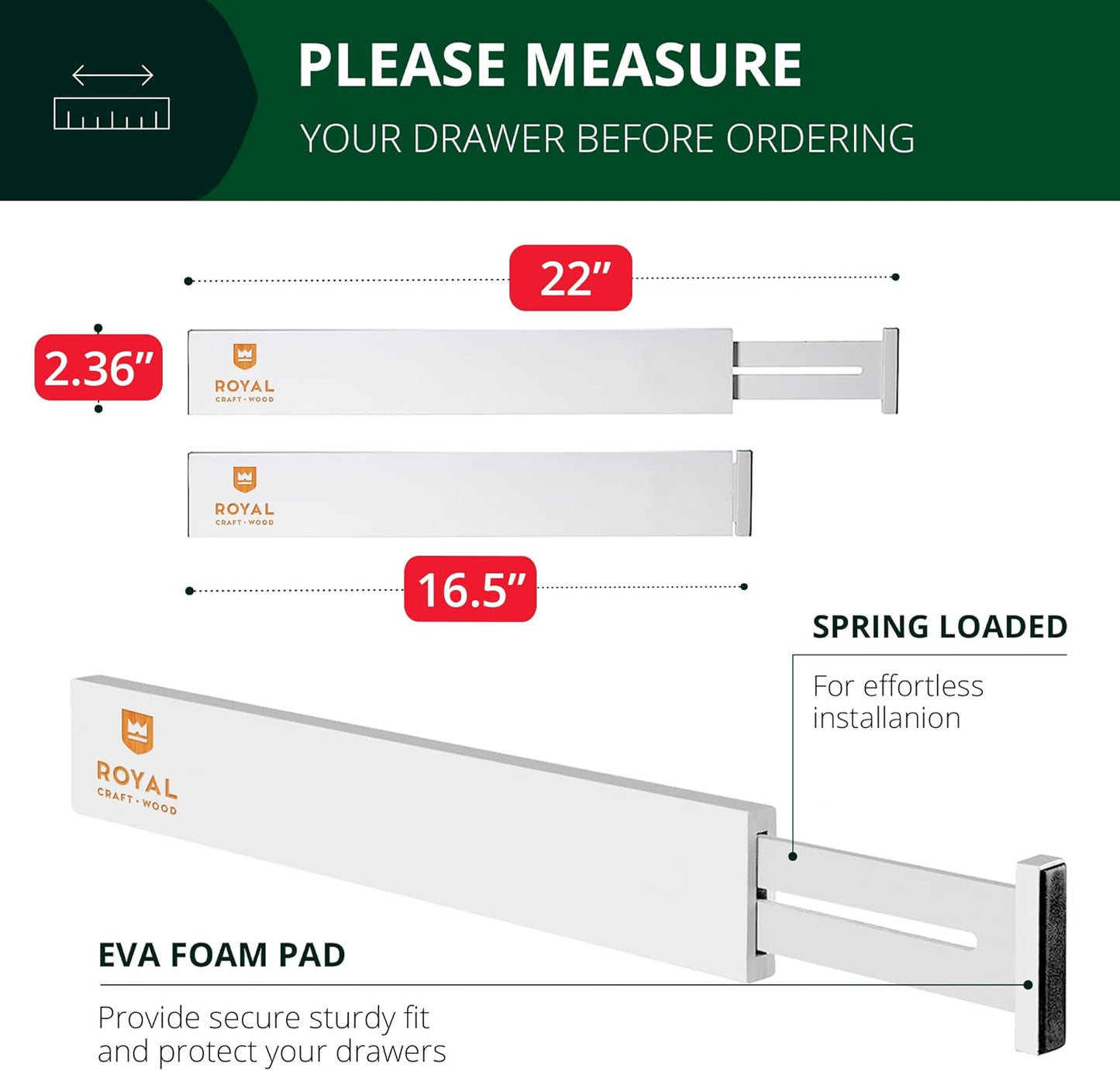 ROYAL CRAFT WOOD Adjustable Bamboo Caddy Expandable Drawer Organization Separators For Kitchen, Dresser, Bedroom, Bathroom and Office, 4-Pack (Large (up to 22)), White